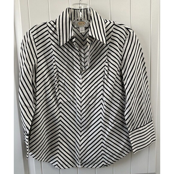 Talbots Black and White Striped 3/4 Sleeve Zip Front Collared Womens Top Size 2P - Picture 1 of 7